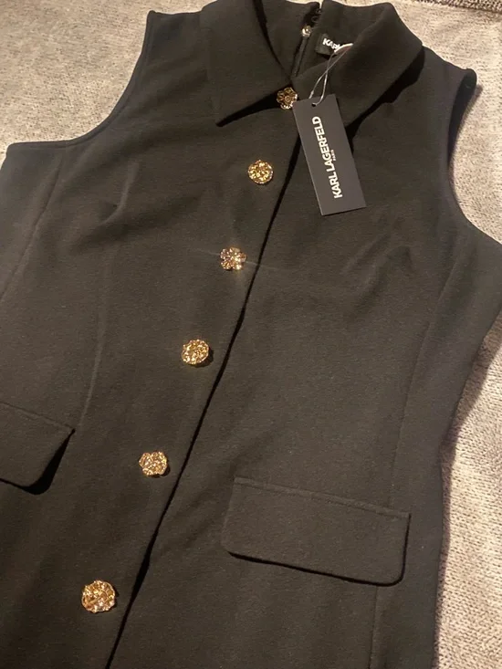 (NWT) KARL LAGERFELD- Black Sleeveless Button-Front Ruffle Hem Mini Dress 🖤 ✨ - Picture 13 of 16